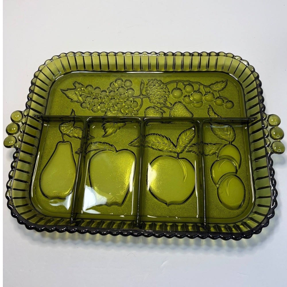 Indiana Glass Olive Green Fruit Embossed Divided Relish Tray Serving Dish Vntg - Picture 1 of 8